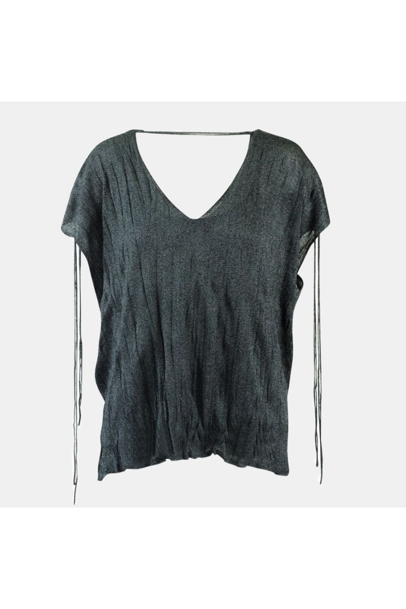 Women's black v-neck top with shoulder-tie accents, sleeveless, loose fit